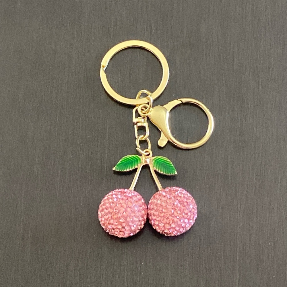 Cherry Pink Rhinestone Cherries Charm Pendant Car Purse Gold Keychain Keyring